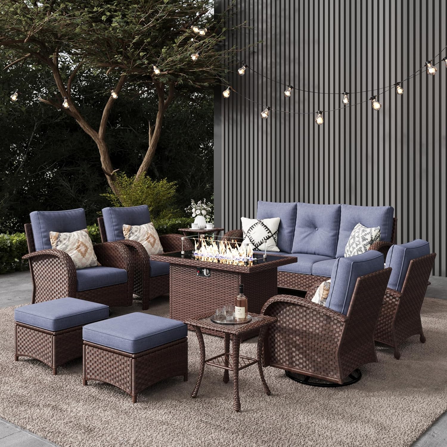 10 Pieces Outdoor Patio Furniture Set with Fire Pit Table, Rattan Wicker Sectional Swivel Rocker Chairs Sets
