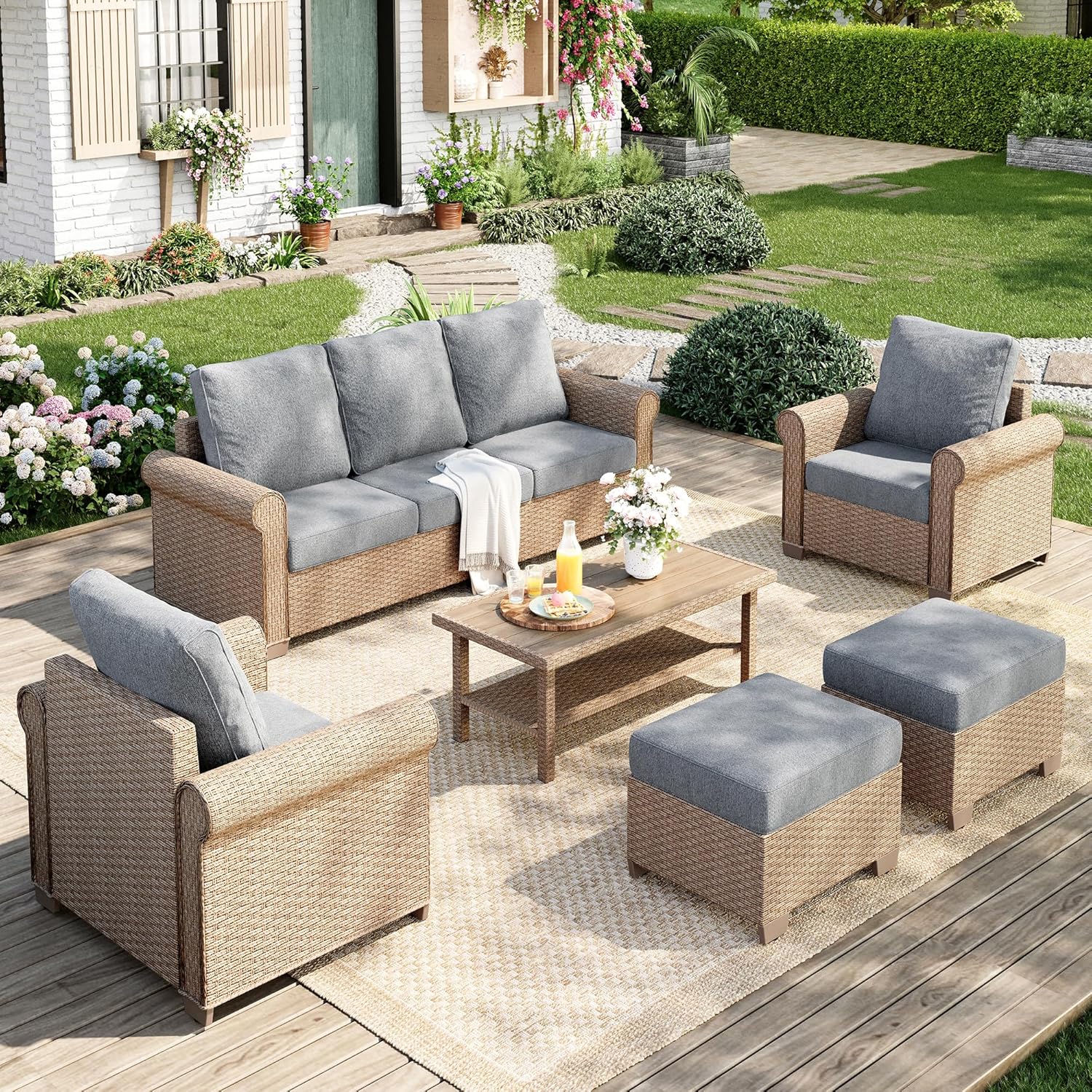 Patio Furniture Set 8 pcs, Wicker Outdoor Patio Furniture, 3-Seat Sofa, 4 Single Chairs, 2 Ottomans and 56" Gas Fire Pit Table, Rattan Patio Conversation Set for Backyard Deck, Beige