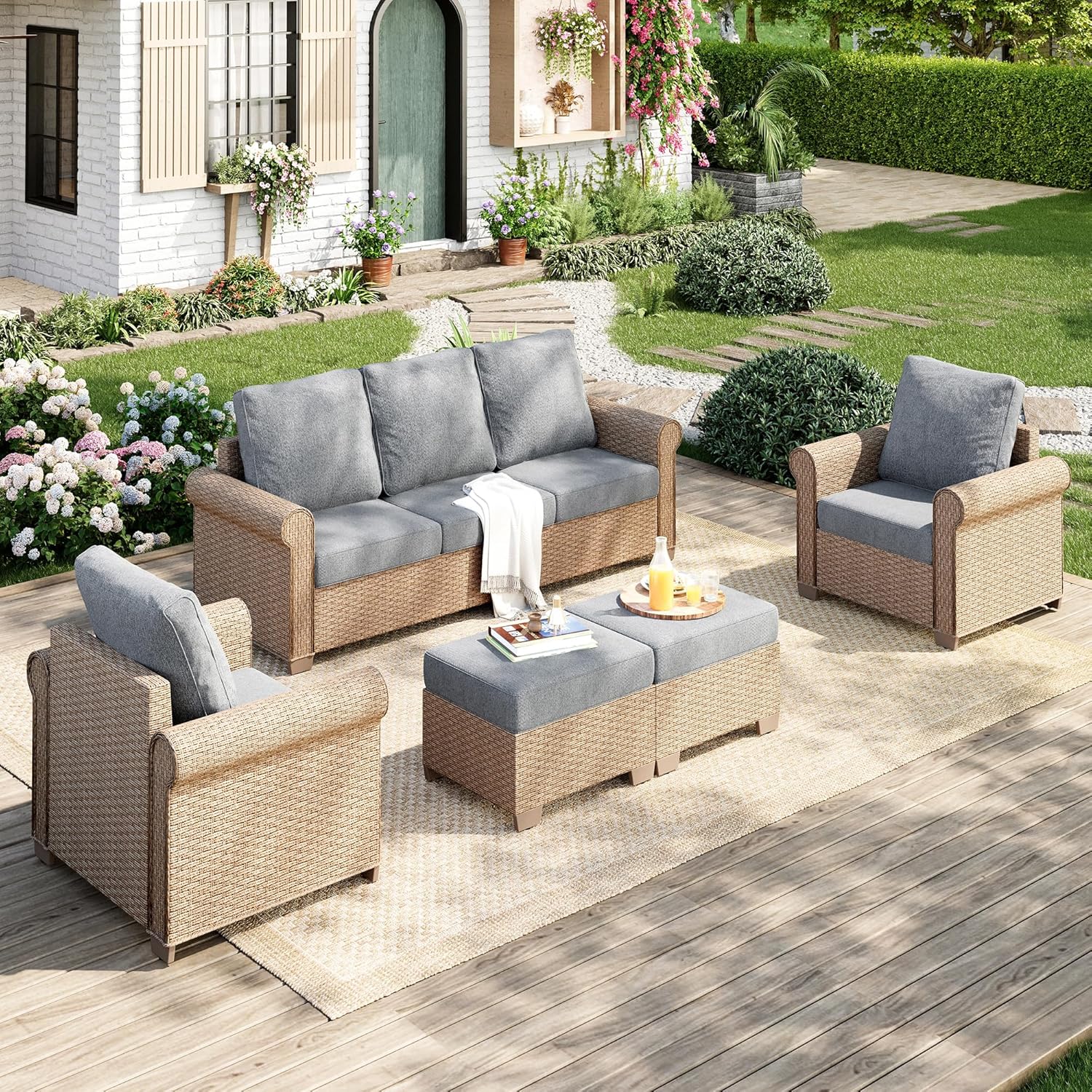 Patio Furniture Set 8 pcs, Wicker Outdoor Patio Furniture, 3-Seat Sofa, 4 Single Chairs, 2 Ottomans and 56" Gas Fire Pit Table, Rattan Patio Conversation Set for Backyard Deck, Beige