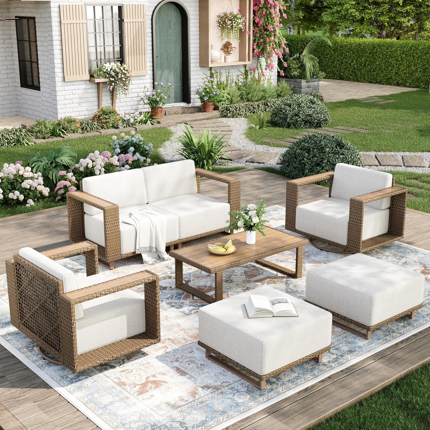 Outdoor Patio Furniture Set, 6 Piece Sectional Rattan Wicker Sofa Couch, Outdoor Conversation Sets with 10" Extra Thick Cushions for Deck Backyard Lawn