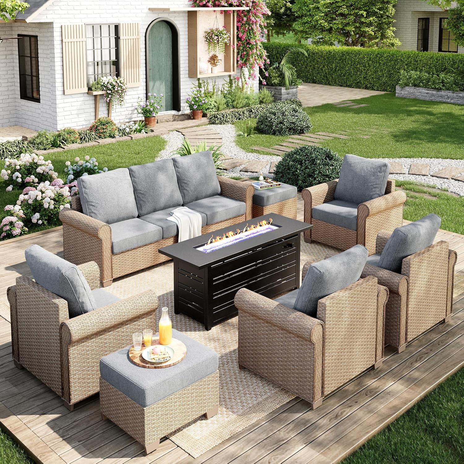 Patio Furniture Set 8 pcs, Wicker Outdoor Patio Furniture, 3-Seat Sofa, 4 Single Chairs, 2 Ottomans and 56" Gas Fire Pit Table, Rattan Patio Conversation Set for Backyard Deck, Beige