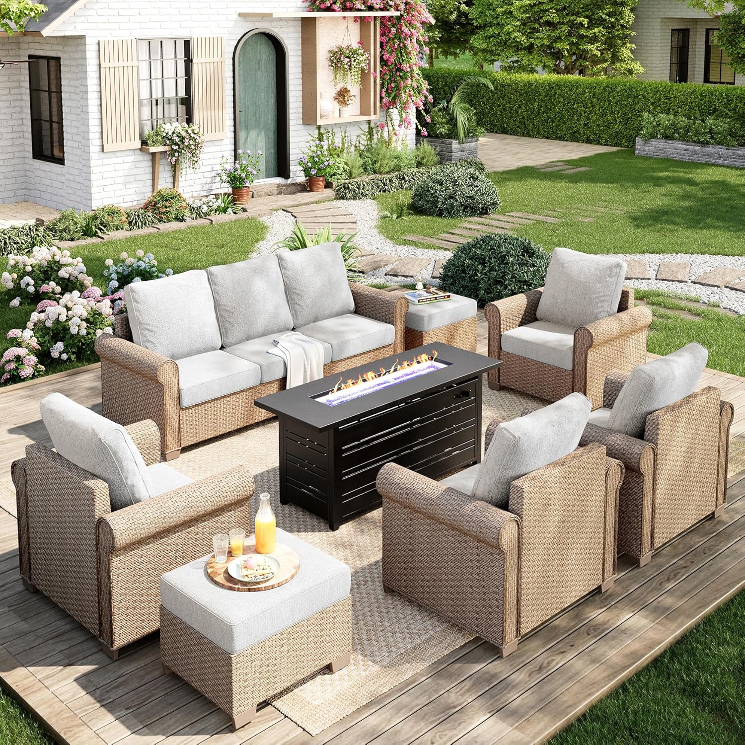 Patio Furniture Set 8 pcs, Wicker Outdoor Patio Furniture, 3-Seat Sofa, 4 Single Chairs, 2 Ottomans and 56" Gas Fire Pit Table, Rattan Patio Conversation Set for Backyard Deck, Beige