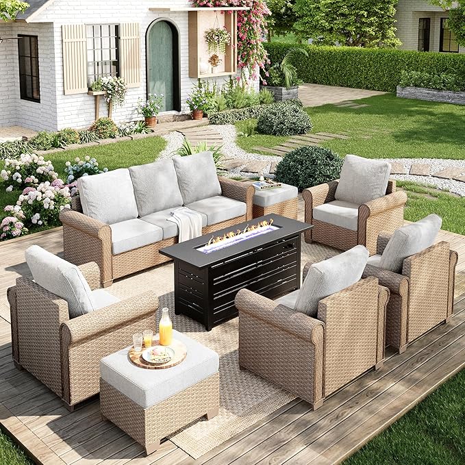 Patio Furniture Set 8 pcs, Wicker Outdoor Patio Furniture, 3-Seat Sofa, 4 Single Chairs, 2 Ottomans and 56" Gas Fire Pit Table, Rattan Patio Conversation Set for Backyard Deck, Beige
