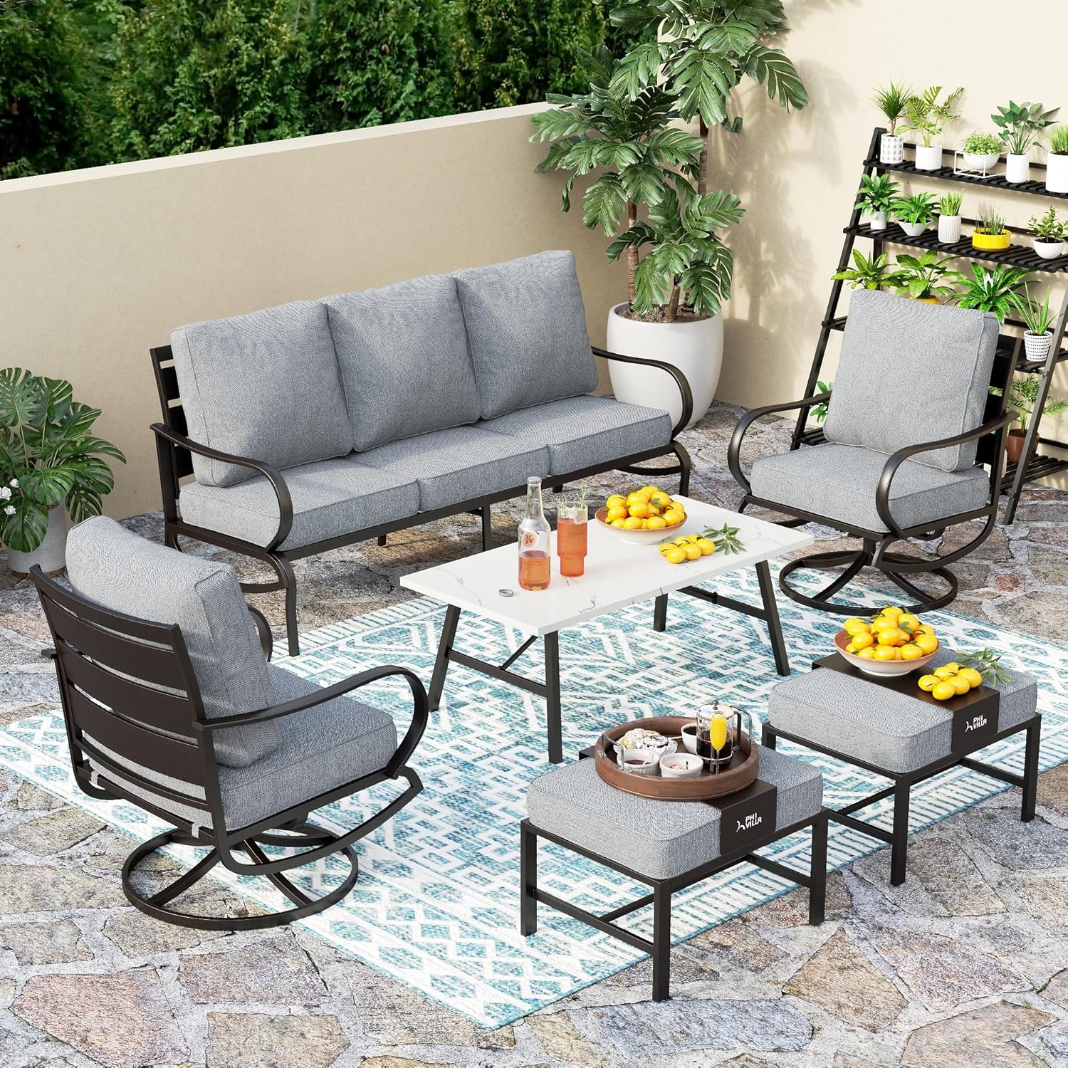 5 PCS Patio Furniture Set, Metal Outdoor Furniture Set with 1 x 3 Seater Deep Seating Bench, 2 x Swivel Sofa Chairs & 2 x Metal Cushioned Ottoman, Outdoor Patio Set for Garden