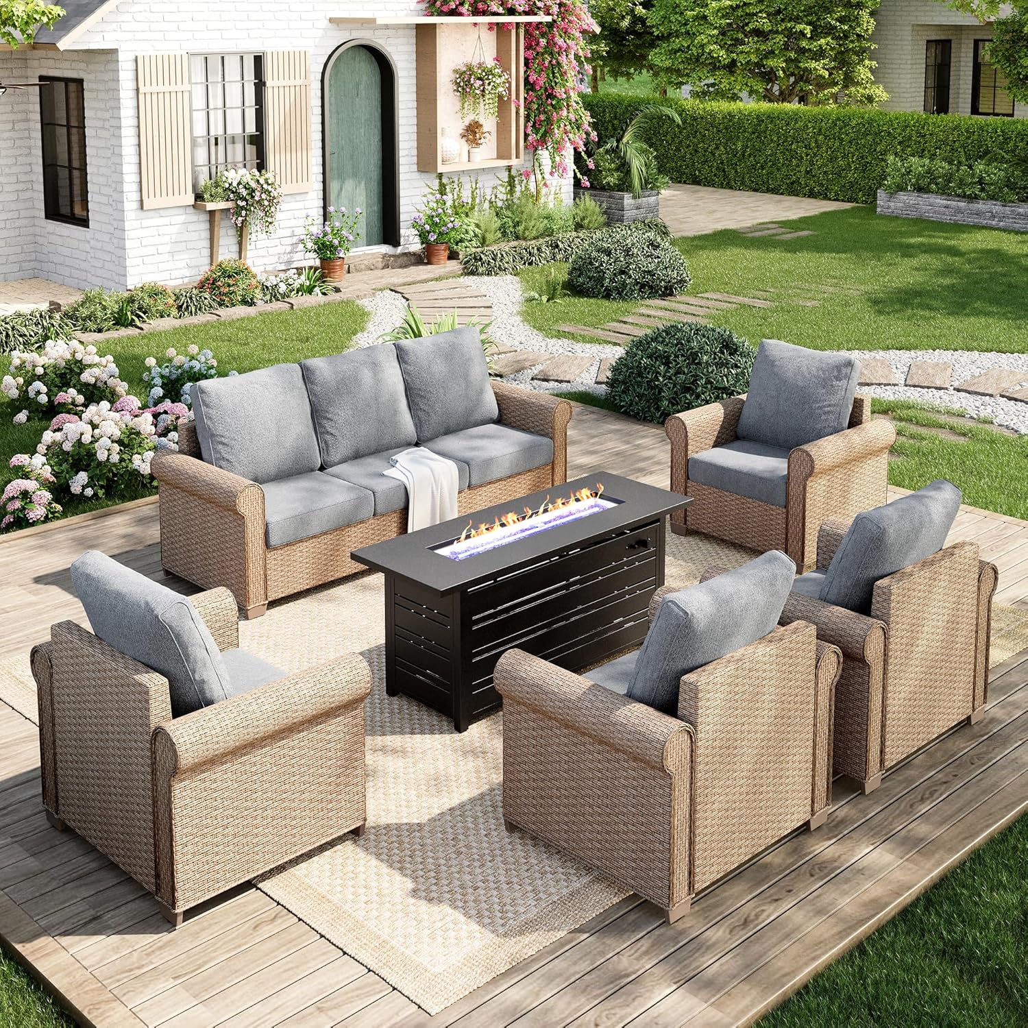 Patio Furniture Set 8 pcs, Wicker Outdoor Patio Furniture, 3-Seat Sofa, 4 Single Chairs, 2 Ottomans and 56" Gas Fire Pit Table, Rattan Patio Conversation Set for Backyard Deck, Beige