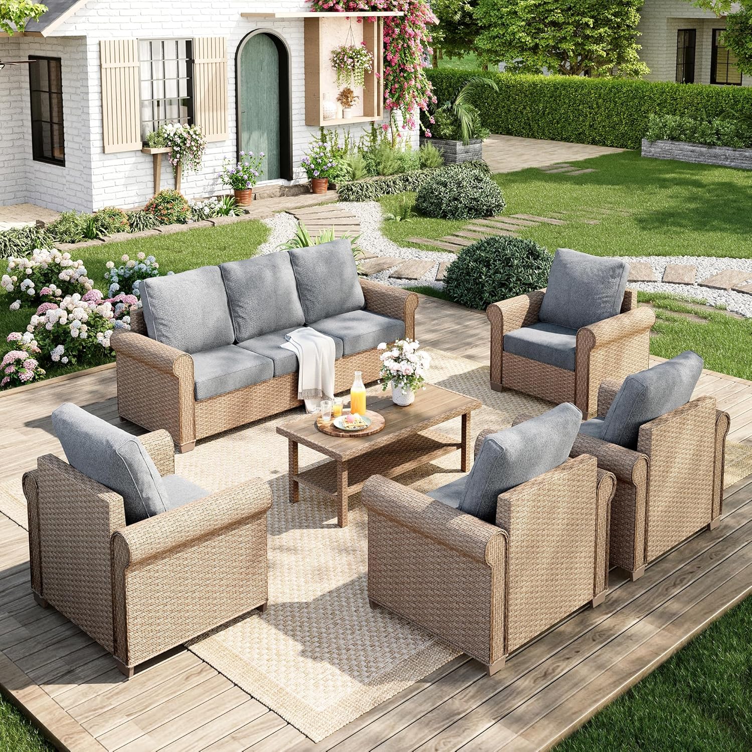 Patio Furniture Set 8 pcs, Wicker Outdoor Patio Furniture, 3-Seat Sofa, 4 Single Chairs, 2 Ottomans and 56" Gas Fire Pit Table, Rattan Patio Conversation Set for Backyard Deck, Beige