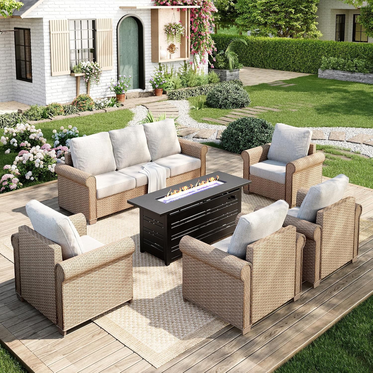 Patio Furniture Set 8 pcs, Wicker Outdoor Patio Furniture, 3-Seat Sofa, 4 Single Chairs, 2 Ottomans and 56" Gas Fire Pit Table, Rattan Patio Conversation Set for Backyard Deck, Beige