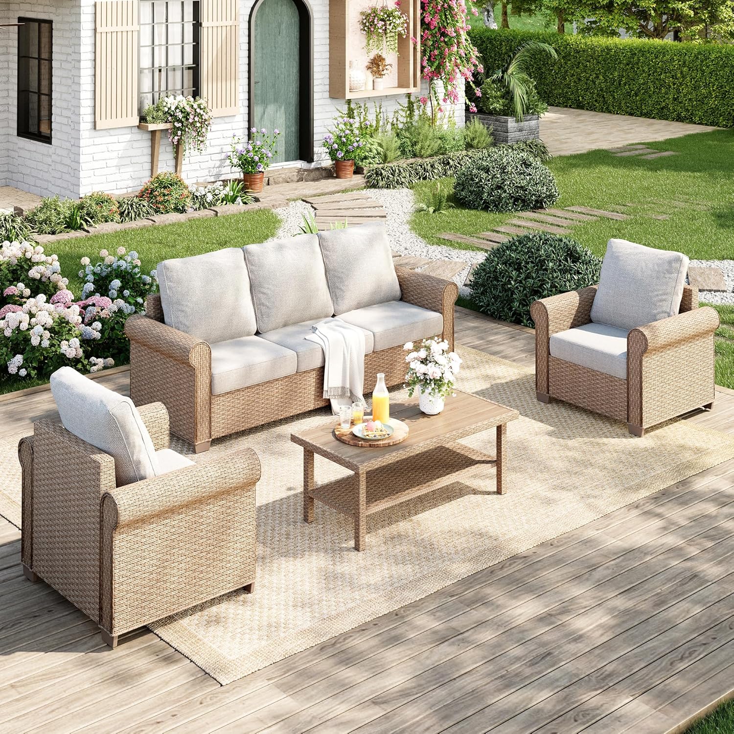 Patio Furniture Set 8 pcs, Wicker Outdoor Patio Furniture, 3-Seat Sofa, 4 Single Chairs, 2 Ottomans and 56" Gas Fire Pit Table, Rattan Patio Conversation Set for Backyard Deck, Beige