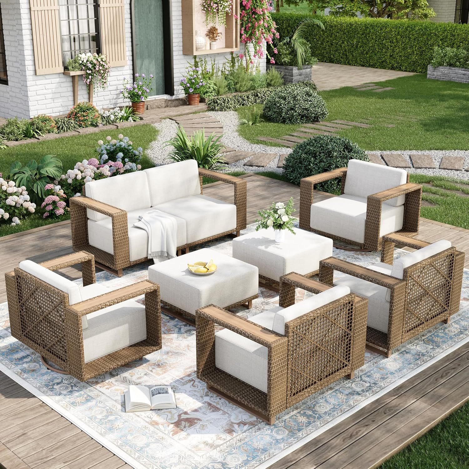 Outdoor Patio Furniture Set, 6 Piece Sectional Rattan Wicker Sofa Couch, Outdoor Conversation Sets with 10" Extra Thick Cushions for Deck Backyard Lawn