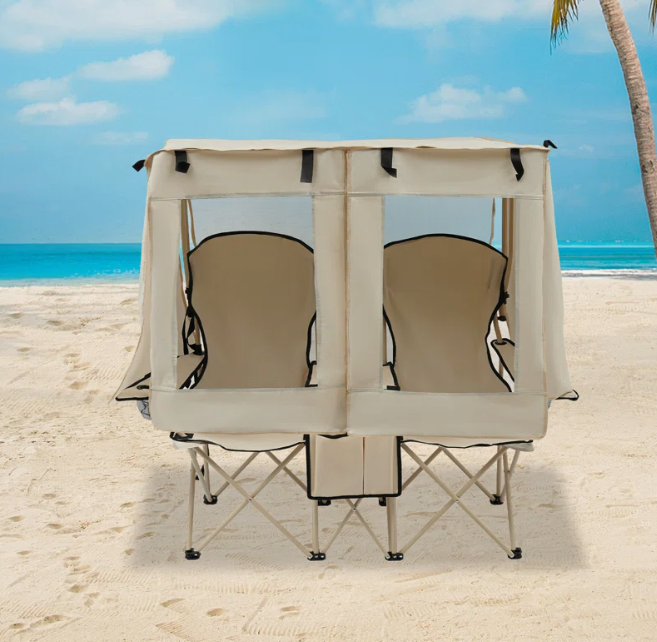 Double Folding Camping Chair With Canopy For 2 Adults