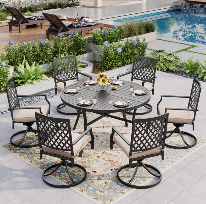 6 - Person Metal Patio Dining Set with Round Table , Cushions Included