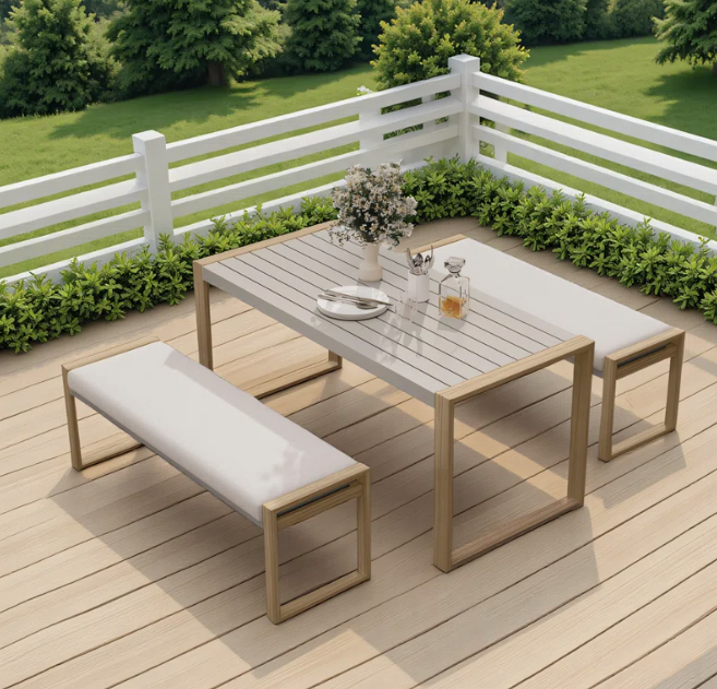3 Pcs Outdoor Dining Set With Faux Wood Finish for 4 People