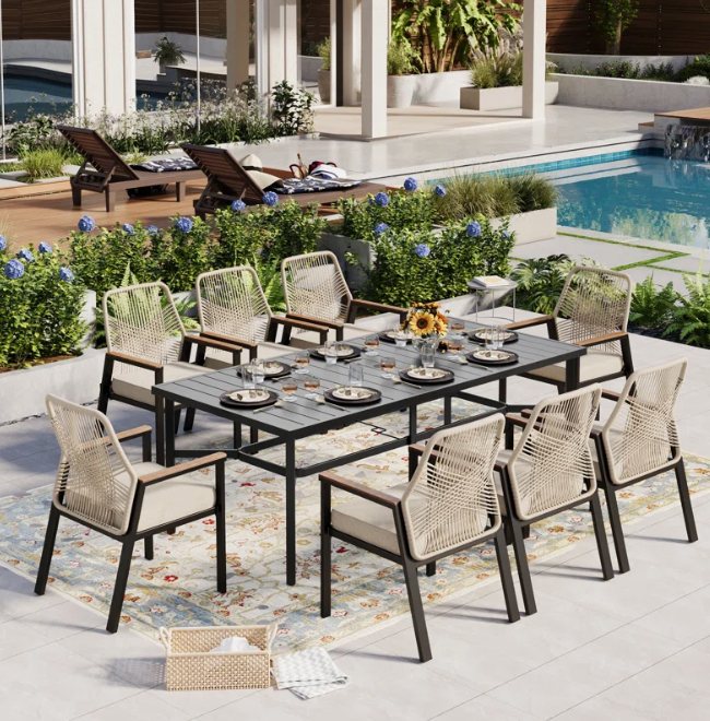 Outdoor Patio Dining Set With 8 Rattan Chairs