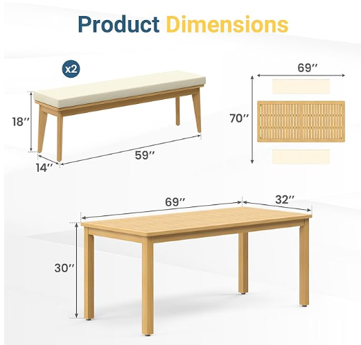 3 Pcs Outdoor Dining Set With Faux Wood Finish for 4 People