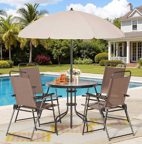 Shintenchi 6 Piece Patio Dining Set with Umbrella, Outdoor Furniture Set with 4 Folding Chairs and Tempered Glass Top Dining Table fot Lawn Backyard Garden Porch Brown and Beige