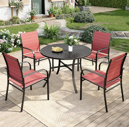 Patio Table and Chairs Set for 4, 5 Pieces Outdoor Dining Set, 4 Red Textilene Chairs and 42" Metal Round Table with Umbrella Hole, for Deck Garden Backyard Lawn Poolside