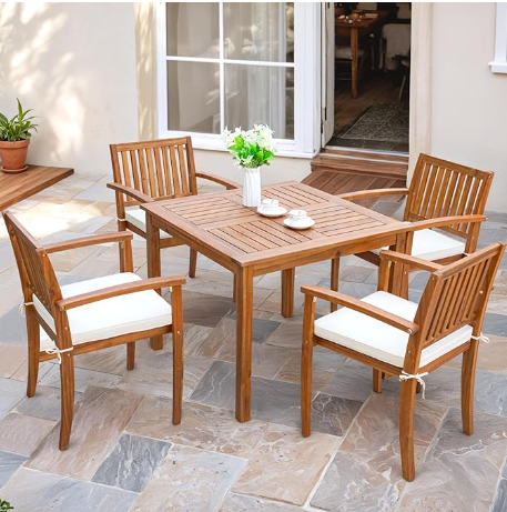 Flamaker 5 Piece Outdoor Dining Set Acacia Wood Patio Table and Chairs with Soft Cushions Patio Furniture for Deck, Backyard, Garden