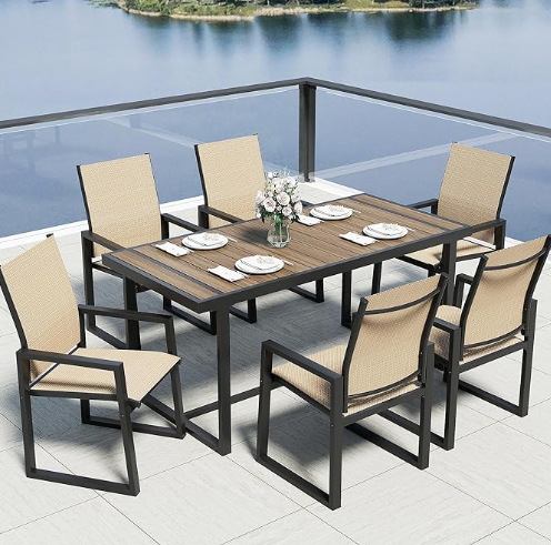 7 Piece Patio Dining Set for 6, Outdoor Furniture Set Includes 67" Rectangle Patio Table and 6 Textilene Dining Chairs, Outdoor Table and Chairs for Outsides, Backyard, Garden and Poolside