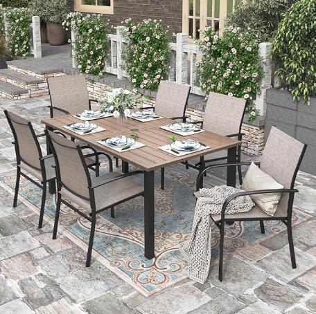 HERA'S HOUSE Patio Table and Chairs for 6, 7 Pieces Outdoor Deck Dining Sets, Wood-Like Rectangular Metal Table Set with Chairs for Lawn Garden Backyard, Brown