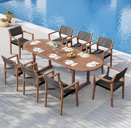 Sophia & William Patio Outdoor Table and Chairs Set, Patio Dining Sets for 8, 9 Pieces Patio Table Set Acacia Wood Table Expandable and Rattan Chairs for Backyard Deck Porch Outside