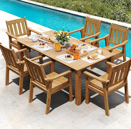 YEFU HIPS Patio Table Set: 7 Piece Outdoor Table and Chairs Dining Furniture Set with Umbrella Hole - Teak Modern Plastic Dining Sets 6 Person for Outside Deck with Metal Aluminum Frame