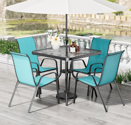 TLSUNNY Patio Dining Set 5 Pieces, All Weather Outdoor Furniture W/30"X 30" Table and 4 Stackable Textilene Chairs, Metal Table and Chairs for Lawn, Garden, Poolside, Backyard (Umbrella not Included)