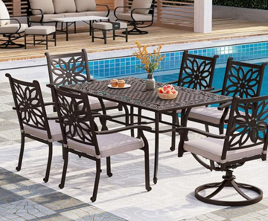 PHI VILLA Cast Aluminum Patio Dining Set for 6, 7 Pieces Outdoor 63" Heavy-Duty Table with Umbrella Hole & Fixed Swivel Chairs Combo with Cushions, Large Outside Furniture Set for Deck, Porch - Brown