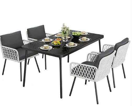 GarveeLife 5 Piece Patio Dining Set, Outdoor All-Weather Wicker Furniture with Table, Patio Conversation Sets with Cushions for Balcony, Garden, Sunroom, Porch (4 Chairs+ Big Table)