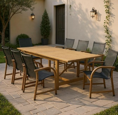 Amazonia Franklin 9-Piece Rectangular Extendable Patio Dining Set Teak Finish and Weather-Net Technology Ideal for Outdoors and Indoors