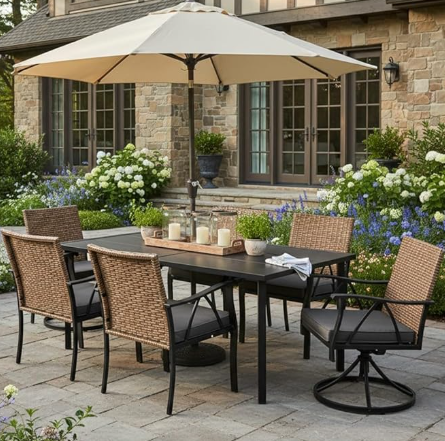 7-Piece Patio Dining Set for 6, Outdoor Dining Set with Wicker Swivel Patio Dining Chairs with Cushions & Black Rectangular Woodgrain Dining Table with 1.75”Umbrella Hole, Black & Brown