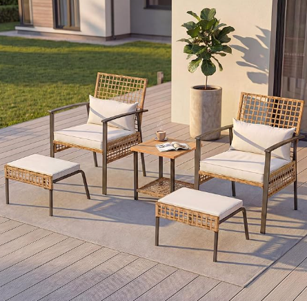 LAUSAINT HOME 5 Pieces Patio Furniture Set with Ottomans, Wicker Outdoor Conversation Set with Cushions and Coffee Table for Backyard, Poolside, Porch, Balcony