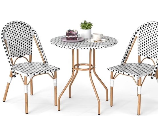 Tangkula 3 Piece French Bistro Table Chair Set, Outdoor Wicker Round Table & 2 Dining Chairs with Metal Support, Outside Accent Dining Furniture Set for Garden, Balcony, Porch