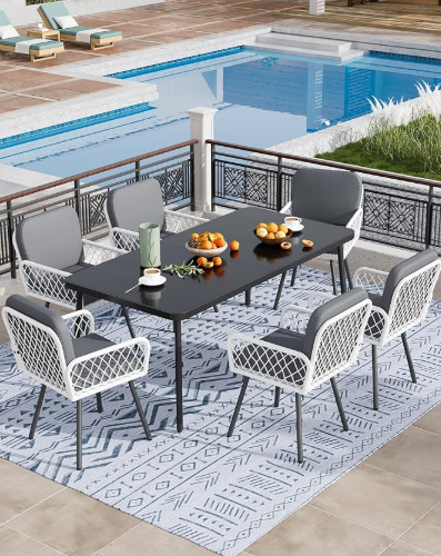 GarveeLife 7 Piece Patio Dining Set, Outdoor All-Weather Wicker Furniture with Table, Patio Conversation Sets with Cushions for Balcony, Garden, Sunroom, Porch
