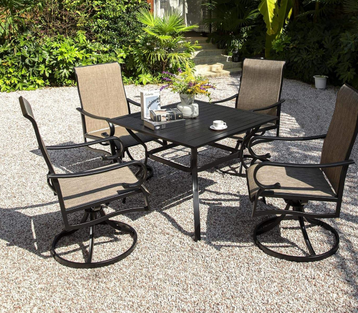 5-Piece Outdoor Dining Set, Patio Dining Set for 4, Outdoor Table and Chairs, All-Weather Outdoor Patio Set with Textilene Swivel Chairs for Garden, Poolside, Deck，Beige Visit the Pamapic Store