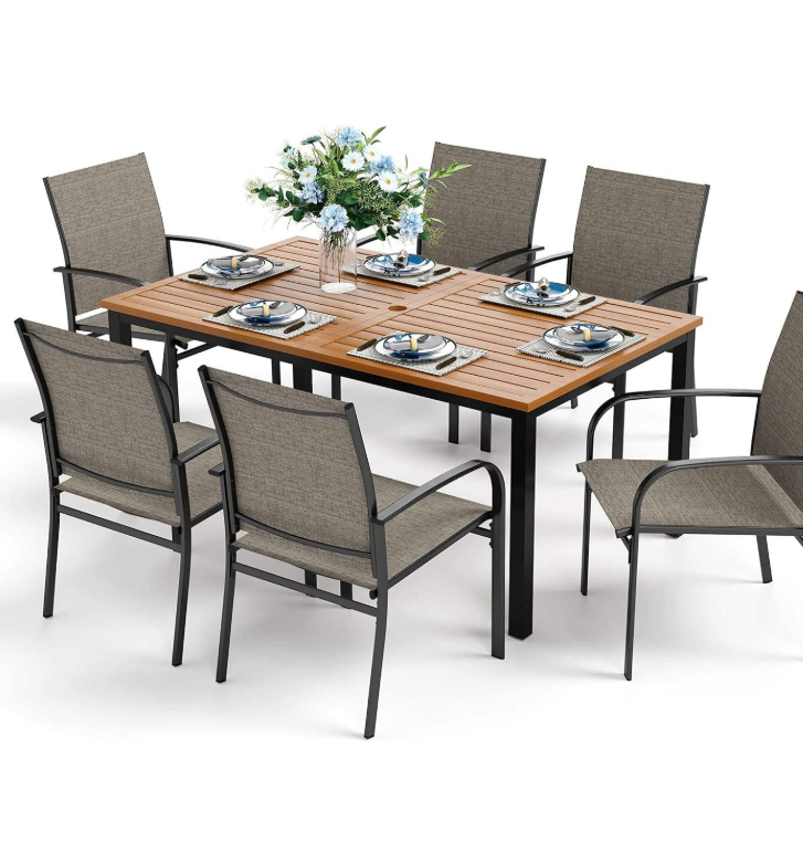 Patio Table and Chairs for 6, 7 Pieces Outdoor Deck Dining Sets, Wood-Like Rectangular Metal Table Set with Chairs for Lawn Garden Backyard, Brown