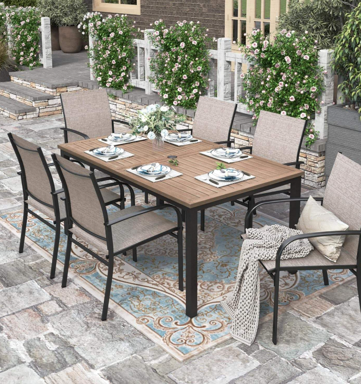 Patio Table and Chairs for 6, 7 Pieces Outdoor Deck Dining Sets, Wood-Like Rectangular Metal Table Set with Chairs for Lawn Garden Backyard, Brown
