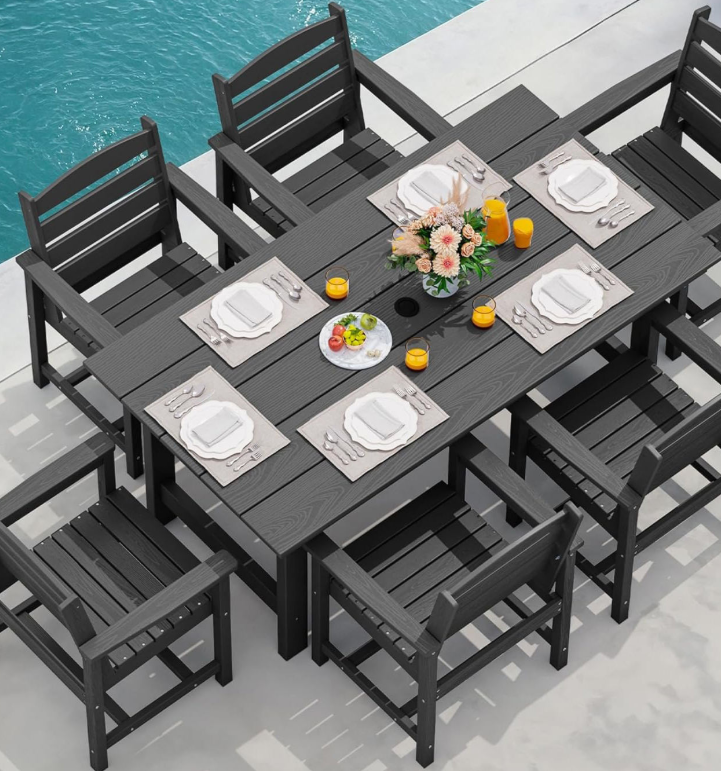 7-Piece Patio Dining Table Sets, Outdoor HDPE Dining Furniture Set with Umbrella Hole Cut-Out Table and 6 Chairs, Black
