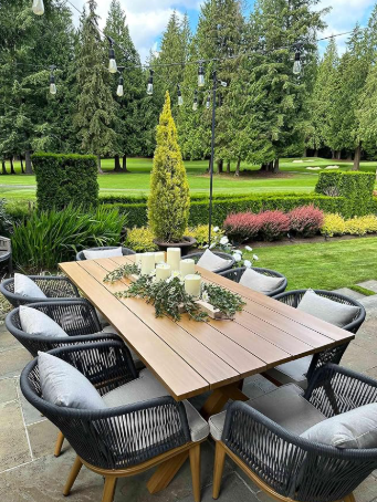 PURPLE LEAF 9 Pieces Patio Dining Set Wicker Outdoor Furniture Rectangular Table and Chairs Set for Garden Deck Teak-Finish Aluminum Frame Backyard Kitchen Set, Cushions and Pillows Included