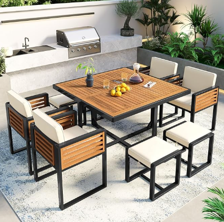 Merax 9 Pieces Outdoor Dining Set for 8 People, Acacia Wood Patio Furniture Sets with 1 Square Table, 4 Cushioned Chairs and 4 Ottomans for Backyard, Garden, Lawn, Poolside, Space Saving Design, Beige