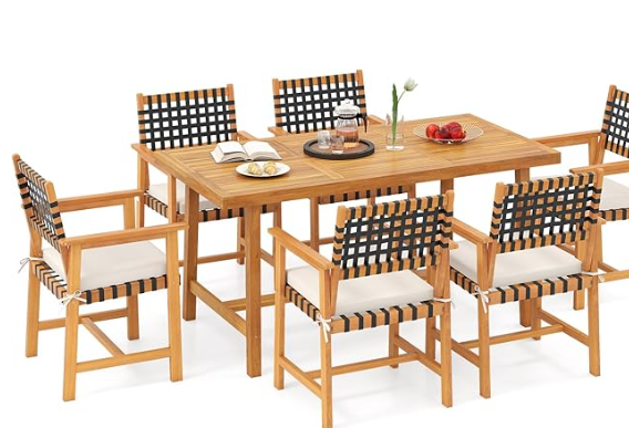 Tangkula 7 Piece Patio Dining Set for 6 People, 63” Outdoor Rectangular Acacia Wood Table with 1.97” Umbrella Hole & 6 Armchairs with Padded Seat Cushions, for Deck Yard and Poolside