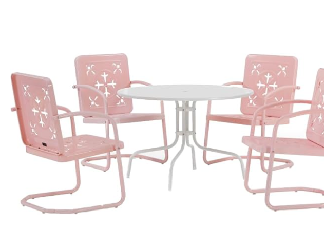 Crosley Furniture Azalea 5-Piece Vintage Outdoor Dining Set for 4, Retro Metal Round Patio Table and Chairs, Pastel Pink Gloss/White Satin