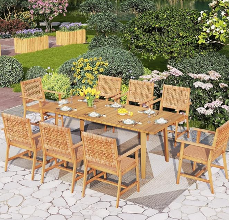 PHI VILLA 9 Pieces Acacia Wood Outdoor Dining Set for 8, Teak Rectangle Wooden Table & Chairs with Wicker Seat and Back, Farmhouse Dining Furniture Set for Patio, Deck, Yard, Porch