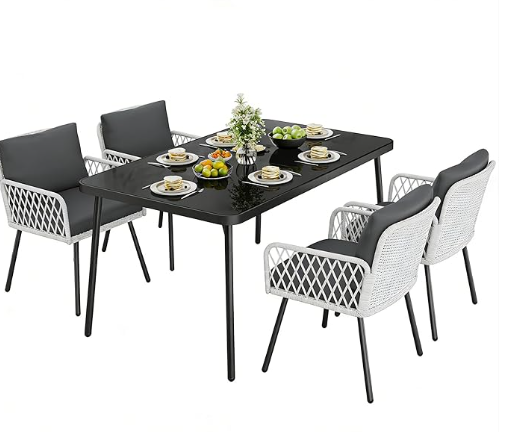 GarveeLife 5 Piece Patio Dining Set, Outdoor All-Weather Wicker Furniture with Table, Patio Conversation Sets with Cushions for Balcony, Garden, Sunroom, Porch (4 Chairs+ Big Table)