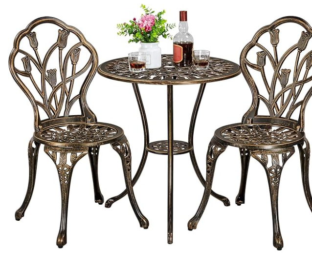Yaheetech Patio Bistro Sets 3 Piece, Outdoor Rust-Resistant Cast Aluminum Garden Table and Chairs, Bronze