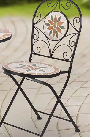 3 Pieces Garden Patio Mosaic Table, Outdoor Bistro Set with Folding Chairs,Black Iron Frame