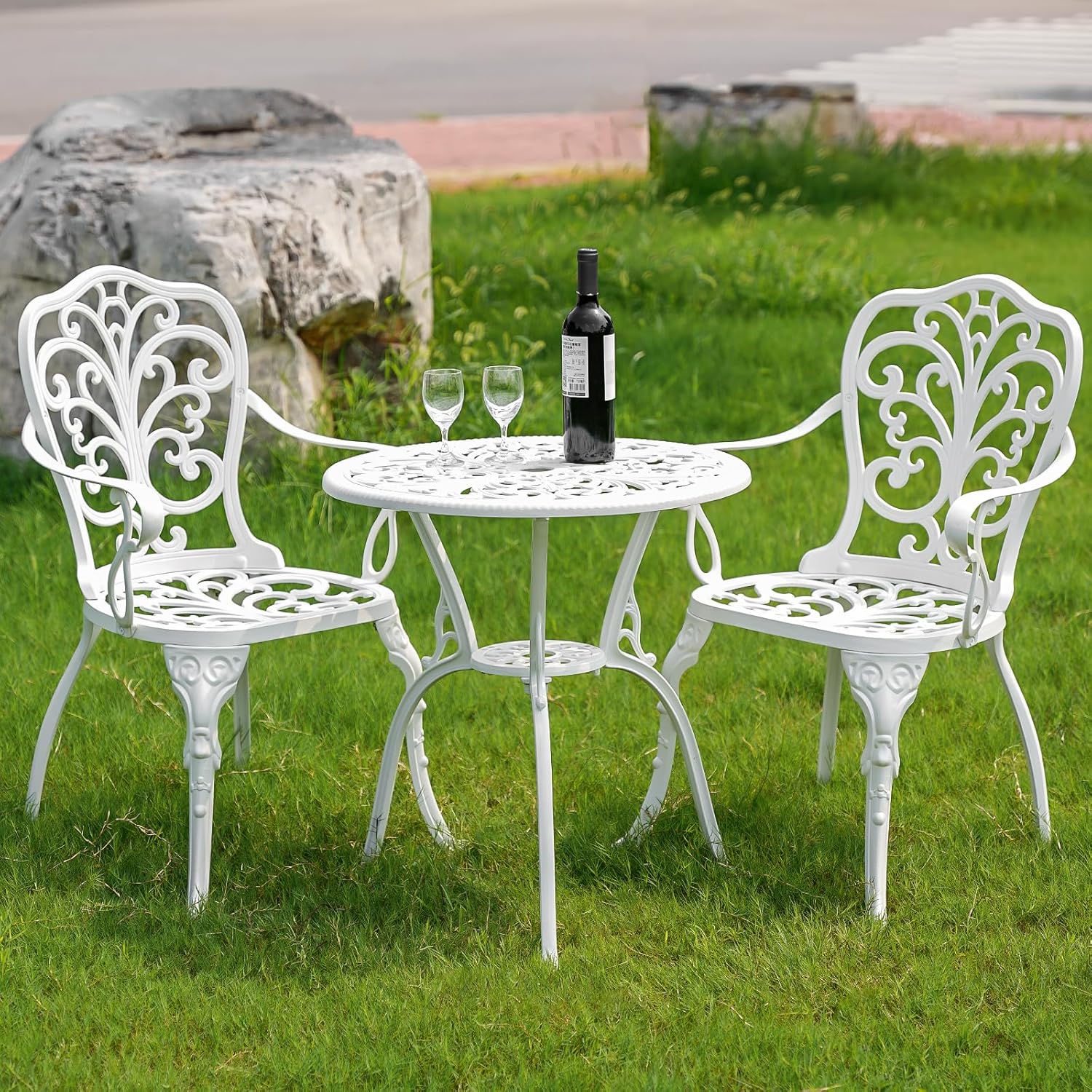 Table and Chairs Set of 2, White Metal Patio Bistro Set, Cast Aluminum Bistro Set 3 Piece Outdoor with Umbrella Hole, 3 Piece Outdoor Bistro Set for Balcony Garden Porch