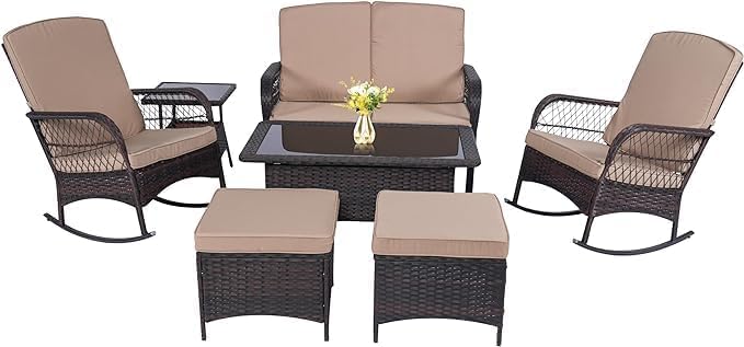 3 pcs Rocking Bistro Set Conversation Chairs PE Wicker Outdoor Rocking Chairs & Glass Table,for Porch Lawn Garden Backyard Deck(Rocking Set,Light Mint)
