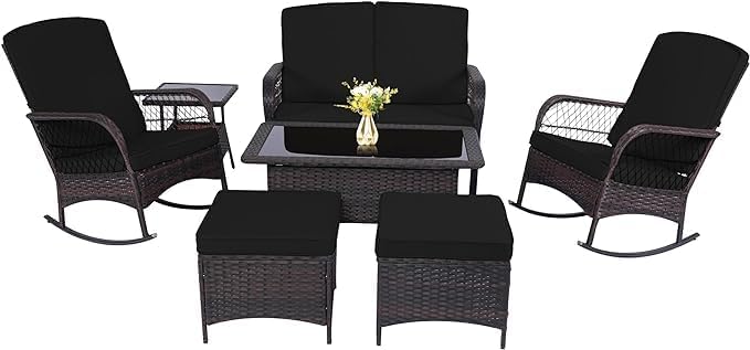 3 pcs Rocking Bistro Set Conversation Chairs PE Wicker Outdoor Rocking Chairs & Glass Table,for Porch Lawn Garden Backyard Deck(Rocking Set,Light Mint)