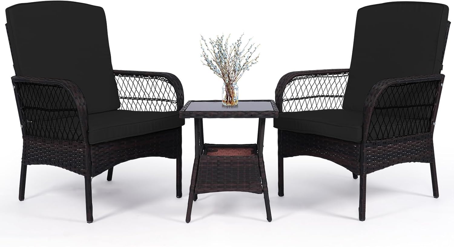 3 pcs Rocking Bistro Set Conversation Chairs PE Wicker Outdoor Rocking Chairs & Glass Table,for Porch Lawn Garden Backyard Deck(Rocking Set,Light Mint)