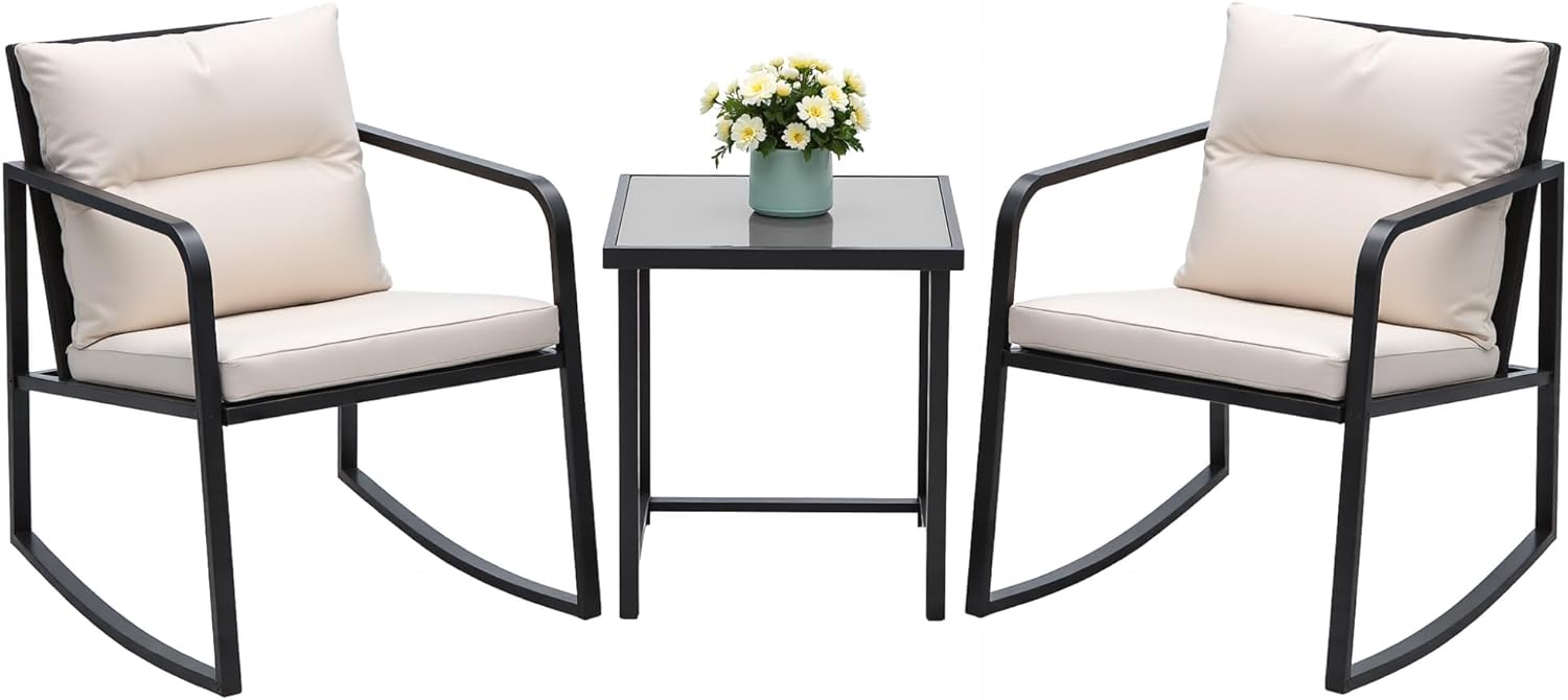 3 Piece Rocking Bistro Set Wicker Patio Outdoor Furniture Porch Chairs Conversation Sets with Glass Coffee Table (Beige)